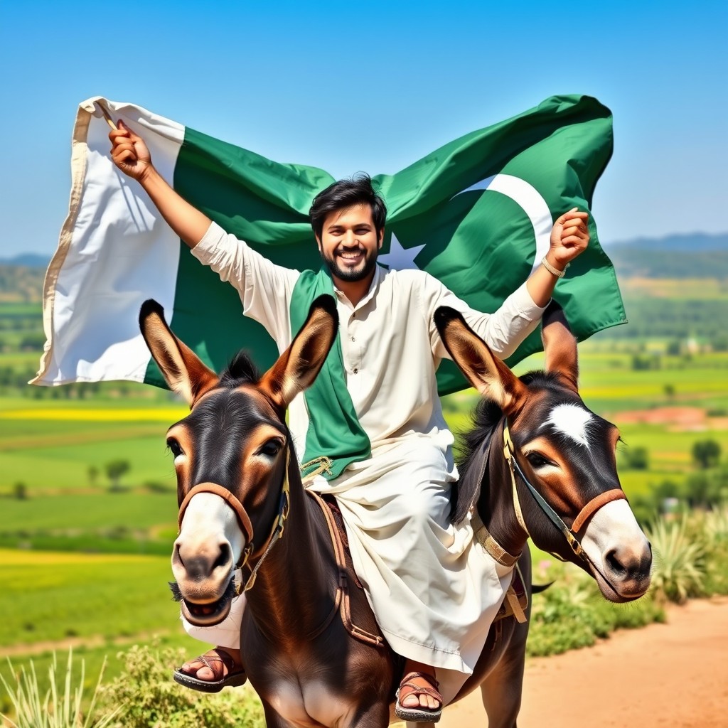 A joyful Pakistani man wearing traditional shalwar kameez, riding a donkey