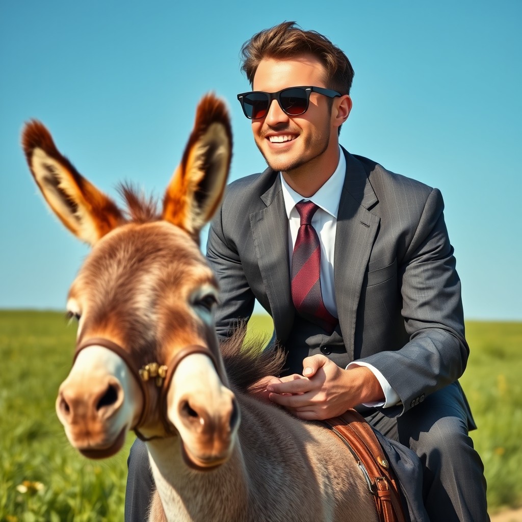 An English businessman wearing stylish sunglasses, sitting confidently on a small donkey