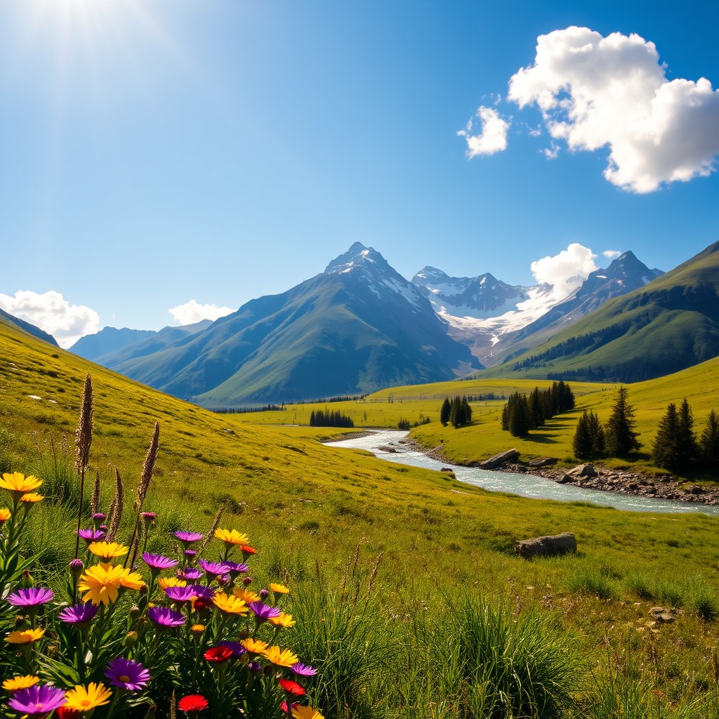 A beautifully detailed image showing a serene landscape with a lush green valley under a bright blue sky