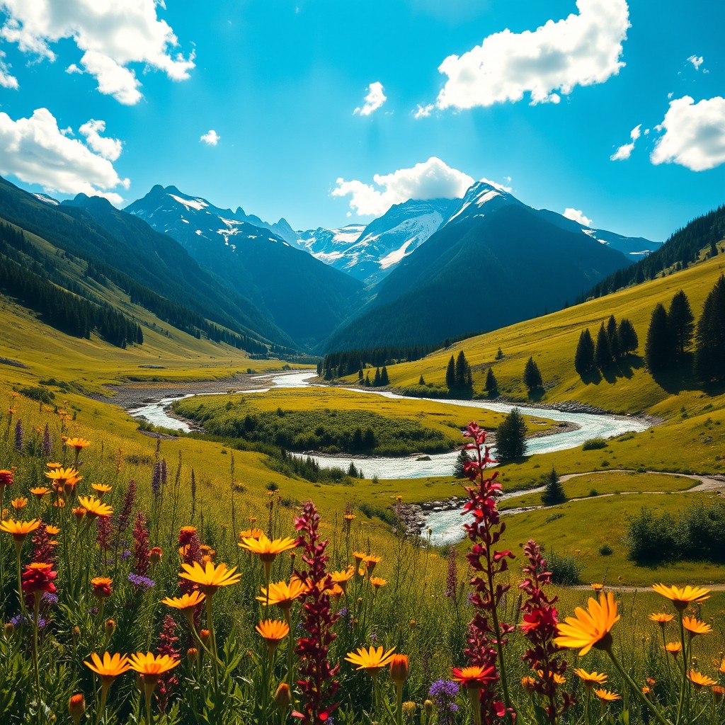 A beautifully detailed image showing a serene landscape with a lush green valley under a bright blue sky