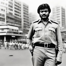 Ramharan portrayed in a police uniform, standing confidently as a significant figure of authority, amidst a bustling city backdrop.