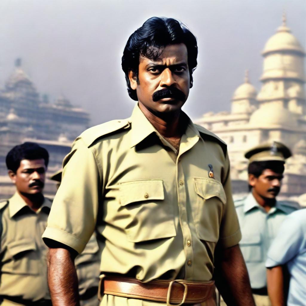 Ramharan portrayed in a police uniform, standing confidently as a significant figure of authority, amidst a bustling city backdrop.