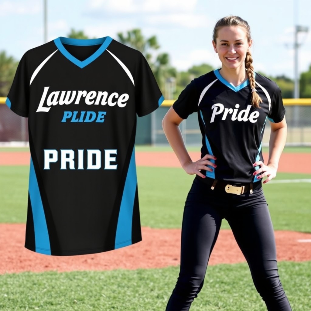 A stylish softball uniform designed in a sleek combination of black, light blue, and white