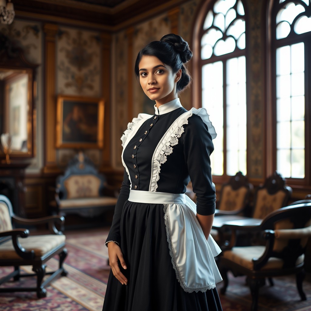 A beautiful Indian maid dressed in an elegant Victorian uniform, featuring a black and white ensemble with a fitted bodice, a full skirt, and a white apron
