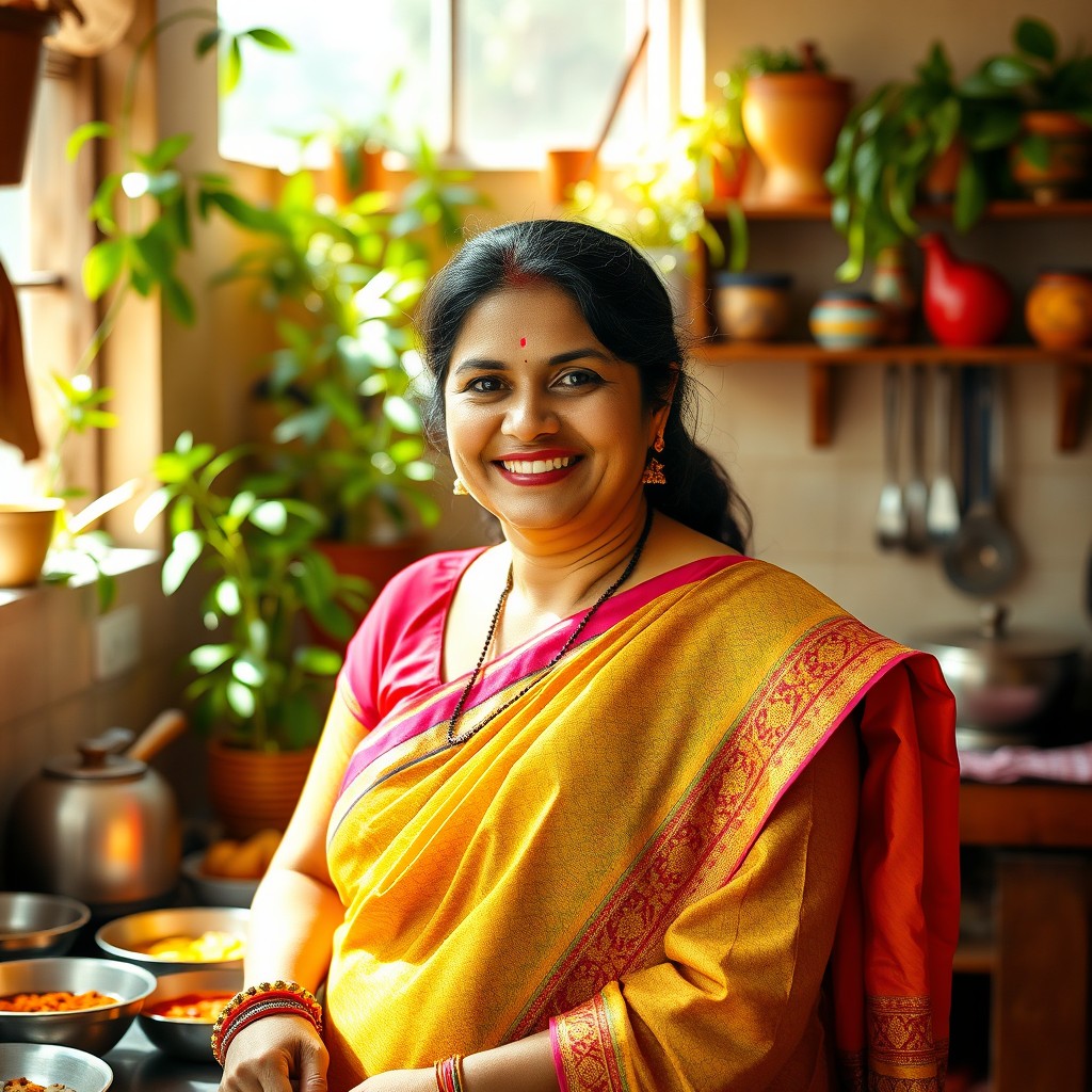 A traditional Indian maid in a vibrant saree, smiling and engaged in household chores