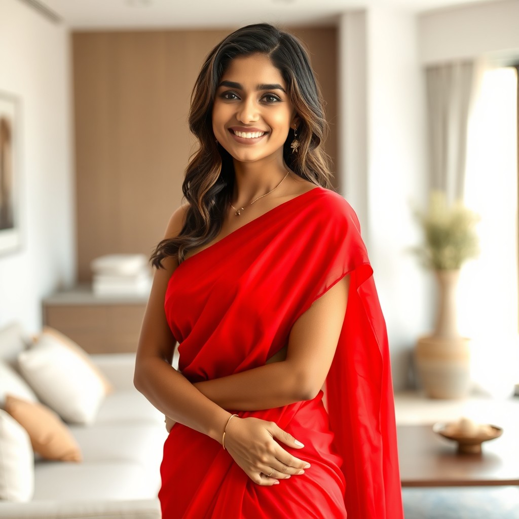 A hot Indian wife wearing a minimalist red saree, elegantly draped to enhance her silhouette