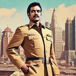 Ramharan portrayed in a police uniform, standing confidently as a significant figure of authority, amidst a bustling city backdrop.