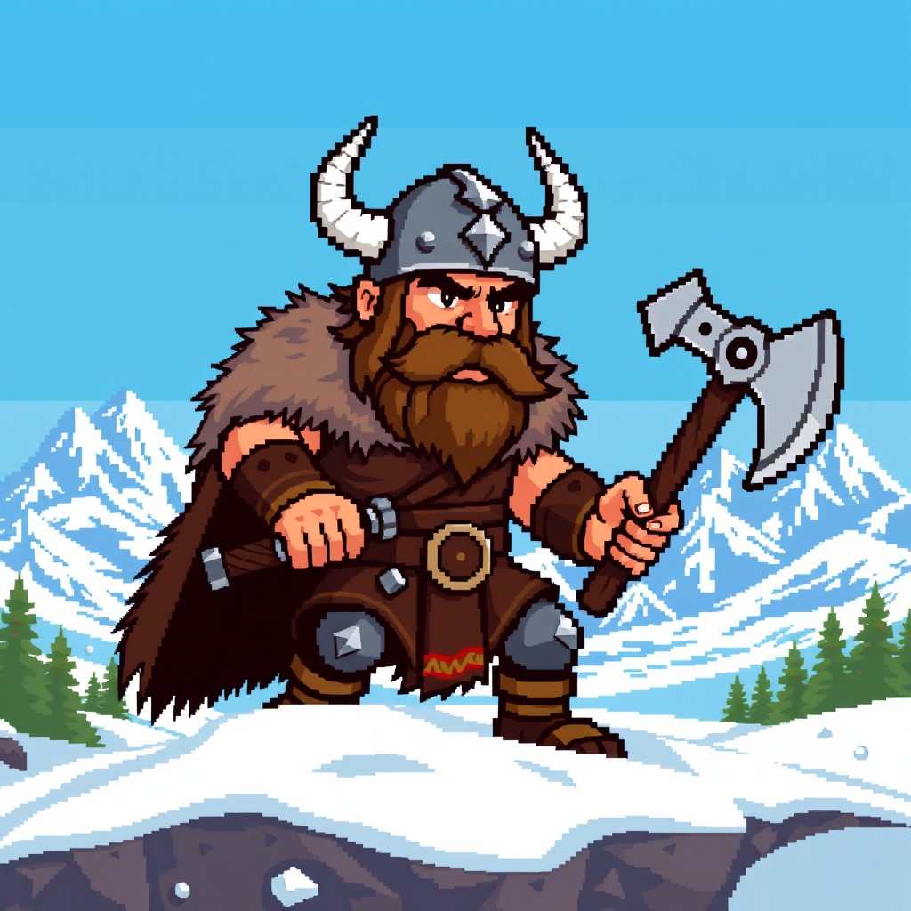 A pixel art illustration of a fierce Viking warrior, wearing a traditional horned helmet and a fur cloak, wielding a battle axe