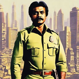 Ramharan portrayed in a police uniform, standing confidently as a significant figure of authority, amidst a bustling city backdrop.