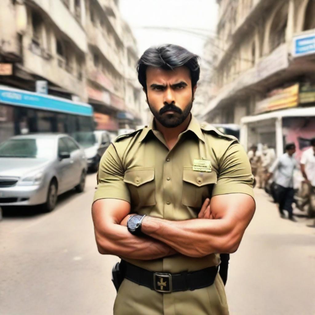 Ramcharan donned in a police uniform, displaying a stern expression and a strong stance against a busy cityscape.