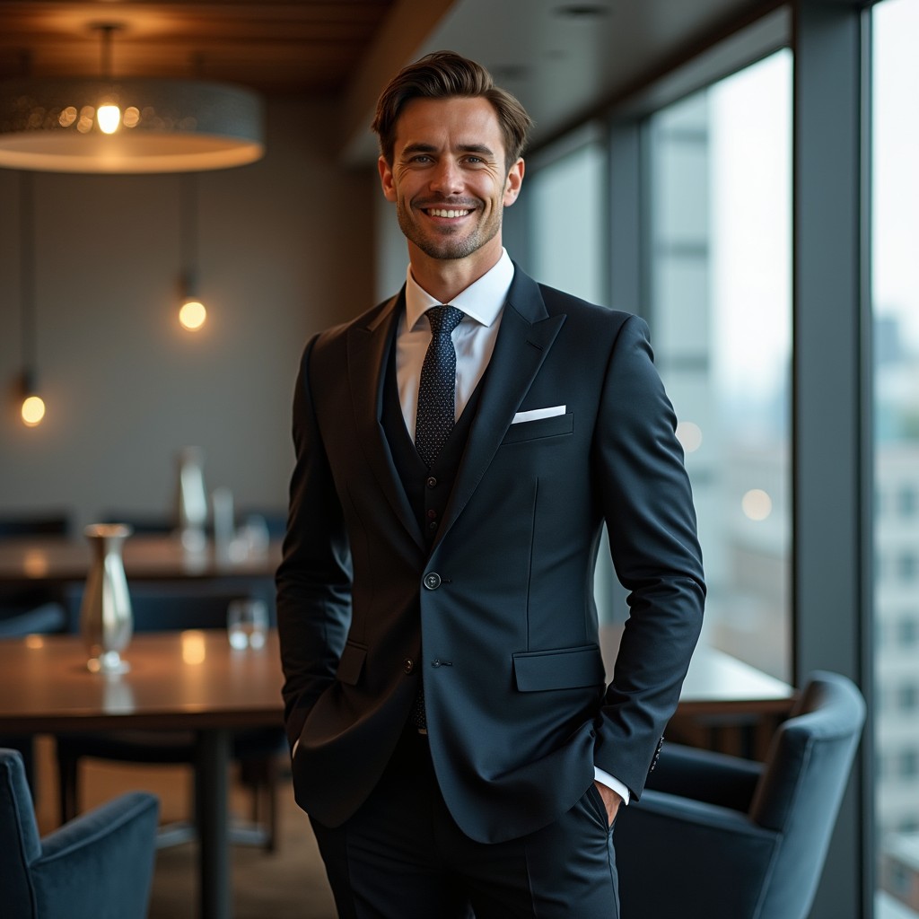 A sophisticated and athletic 35-year-old businessman with brown hair, dressed in a stylish three-piece suit