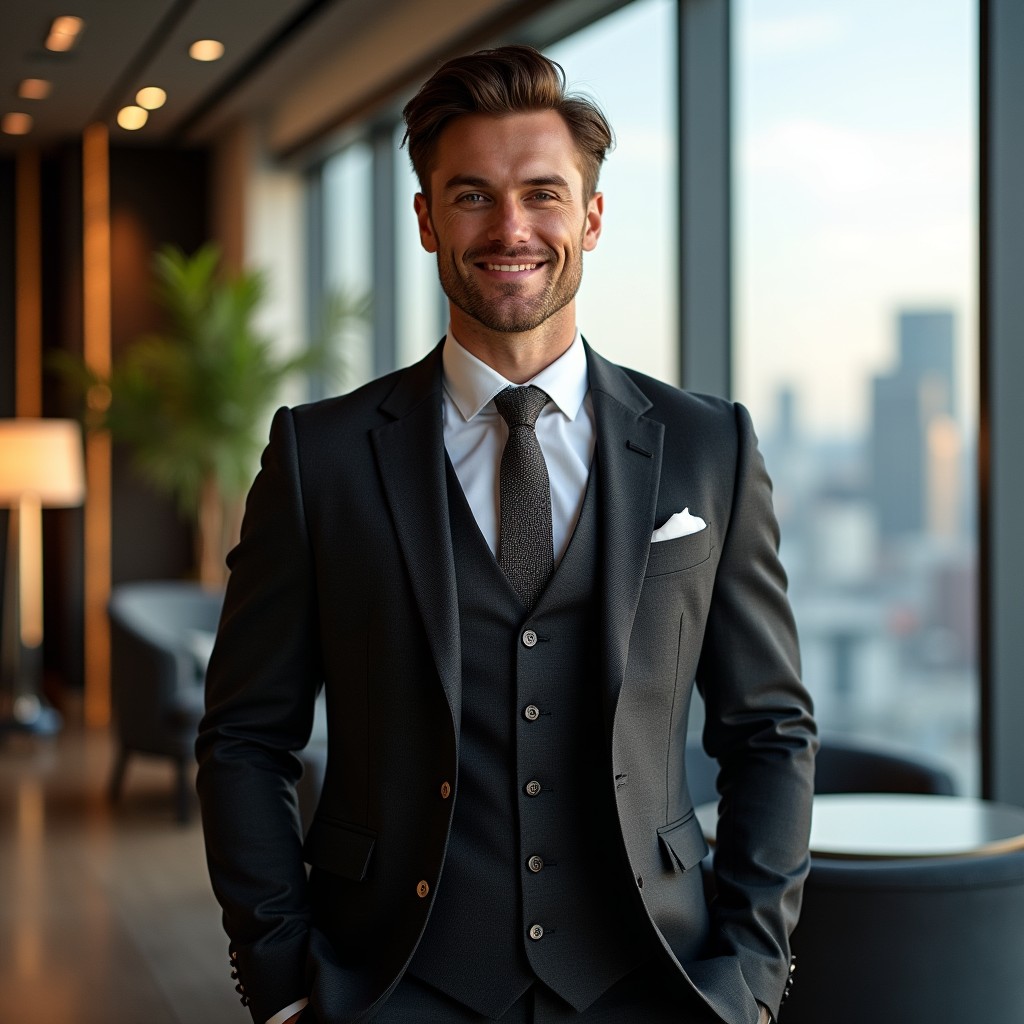 A charismatic and athletic 35-year-old businessman with brown hair, dressed in a stylish three-piece suit