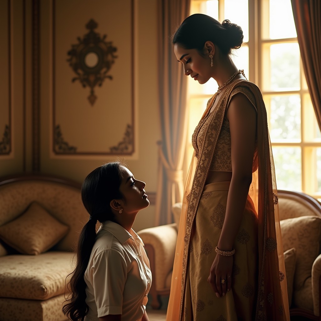 A beautiful and elegant Indian woman with light hair, wearing a luxurious traditional outfit, stands gracefully over her kneeling cute Indian brunette maid who is dressed in a classic maid uniform