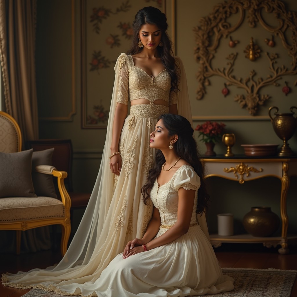 A beautiful and elegant Indian woman with light hair, dressed in an exquisite traditional outfit, stands over her kneeling cute Indian brunette maid, who is in a classic maid uniform