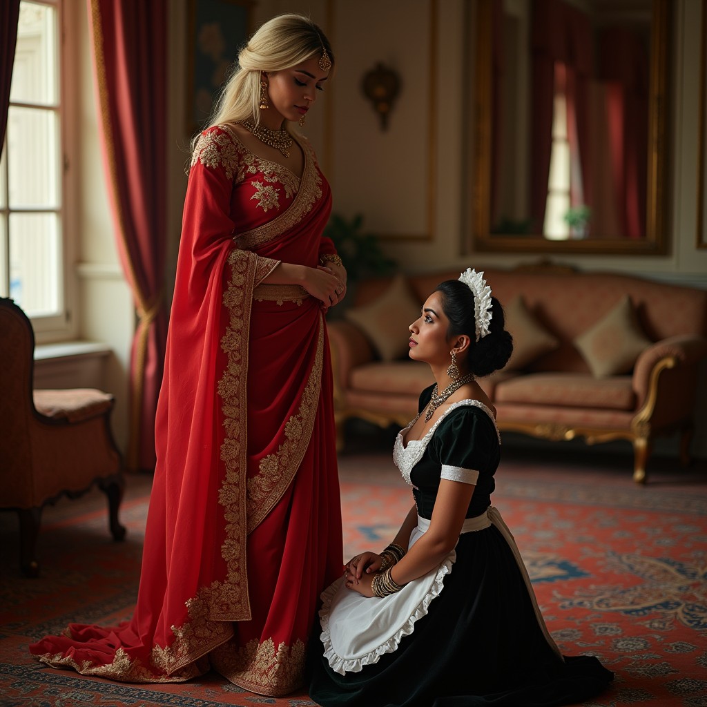 A beautiful and elegant Indian woman with light hair, wearing a stunning red saree with intricate gold detailing