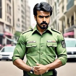 Ramcharan donned in a police uniform, displaying a stern expression and a strong stance against a busy cityscape.