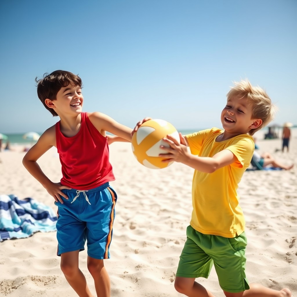 Two boys enjoying a summer day at the beach, playing volleyball