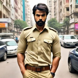 Ramcharan donned in a police uniform, displaying a stern expression and a strong stance against a busy cityscape.