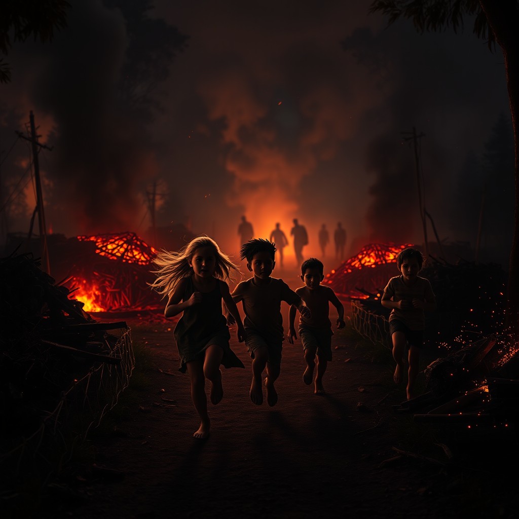 A cinematic book cover for a bestselling adventure thriller, depicting a night scene in a charcoal camp deep in the forest