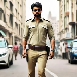 Ramcharan donned in a police uniform, displaying a stern expression and a strong stance against a busy cityscape.