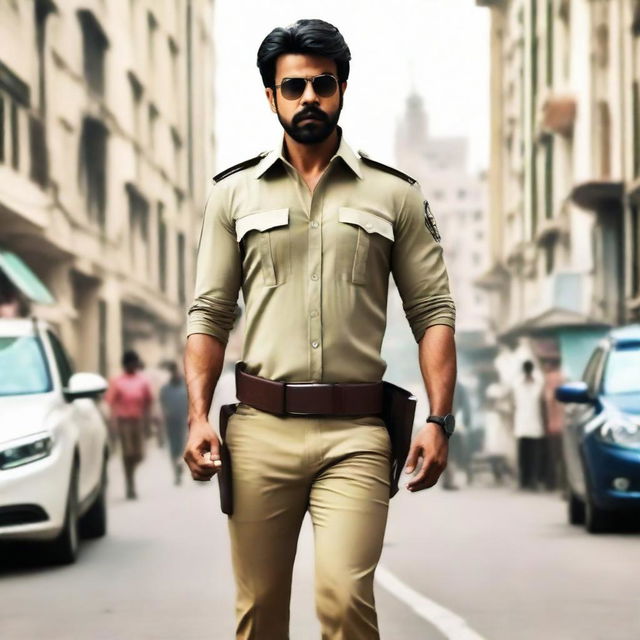 Ramcharan donned in a police uniform, displaying a stern expression and a strong stance against a busy cityscape.