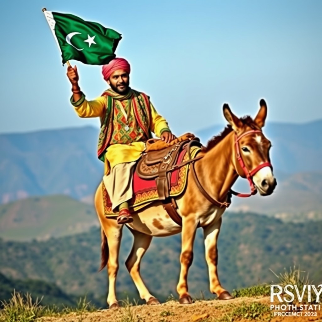 A vibrant scene depicting a Pakistani man riding a donkey with pride