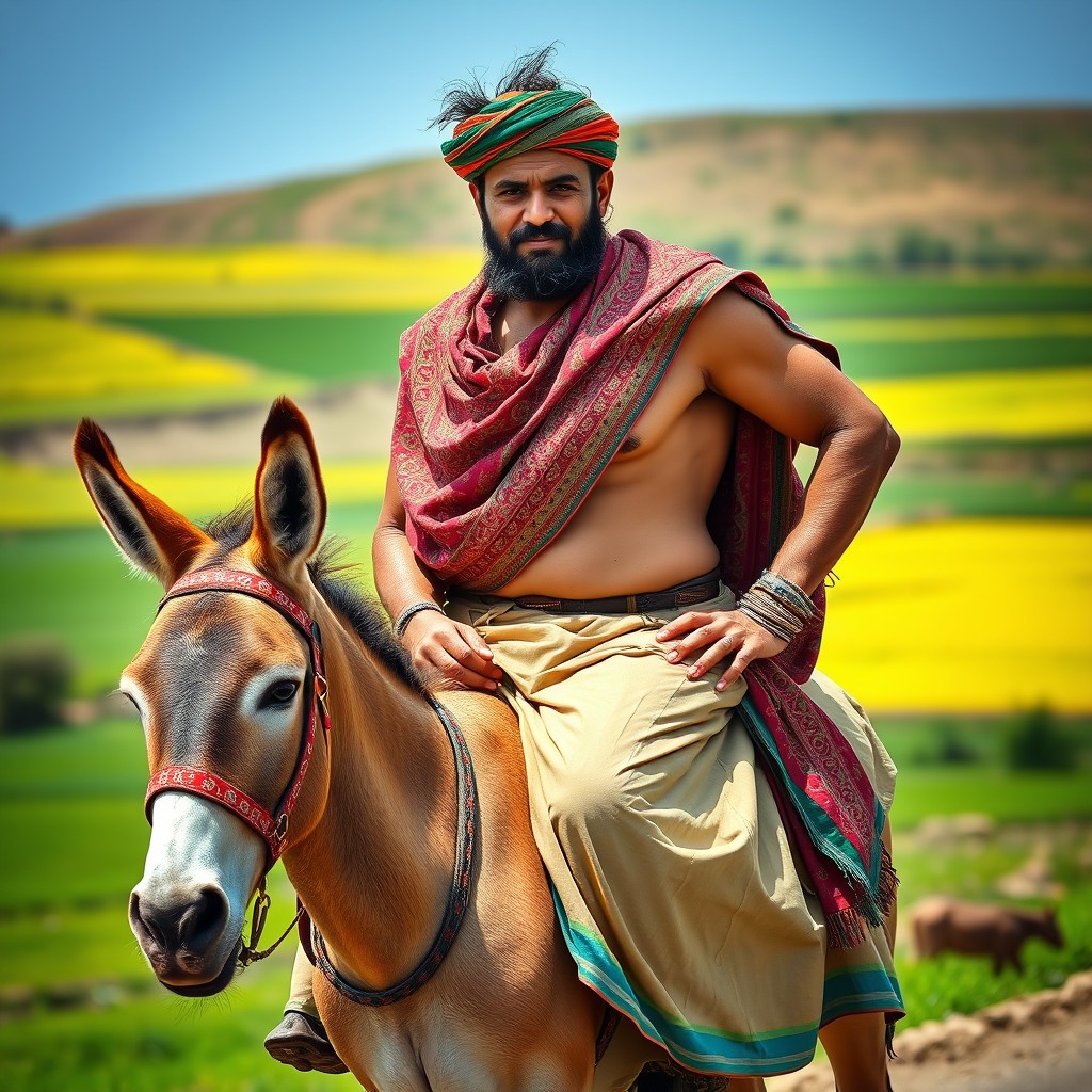 A Pakistani phelwan, dressed in traditional wrestling attire including a colorful lungi and an embroidered shawl, confidently riding a donkey
