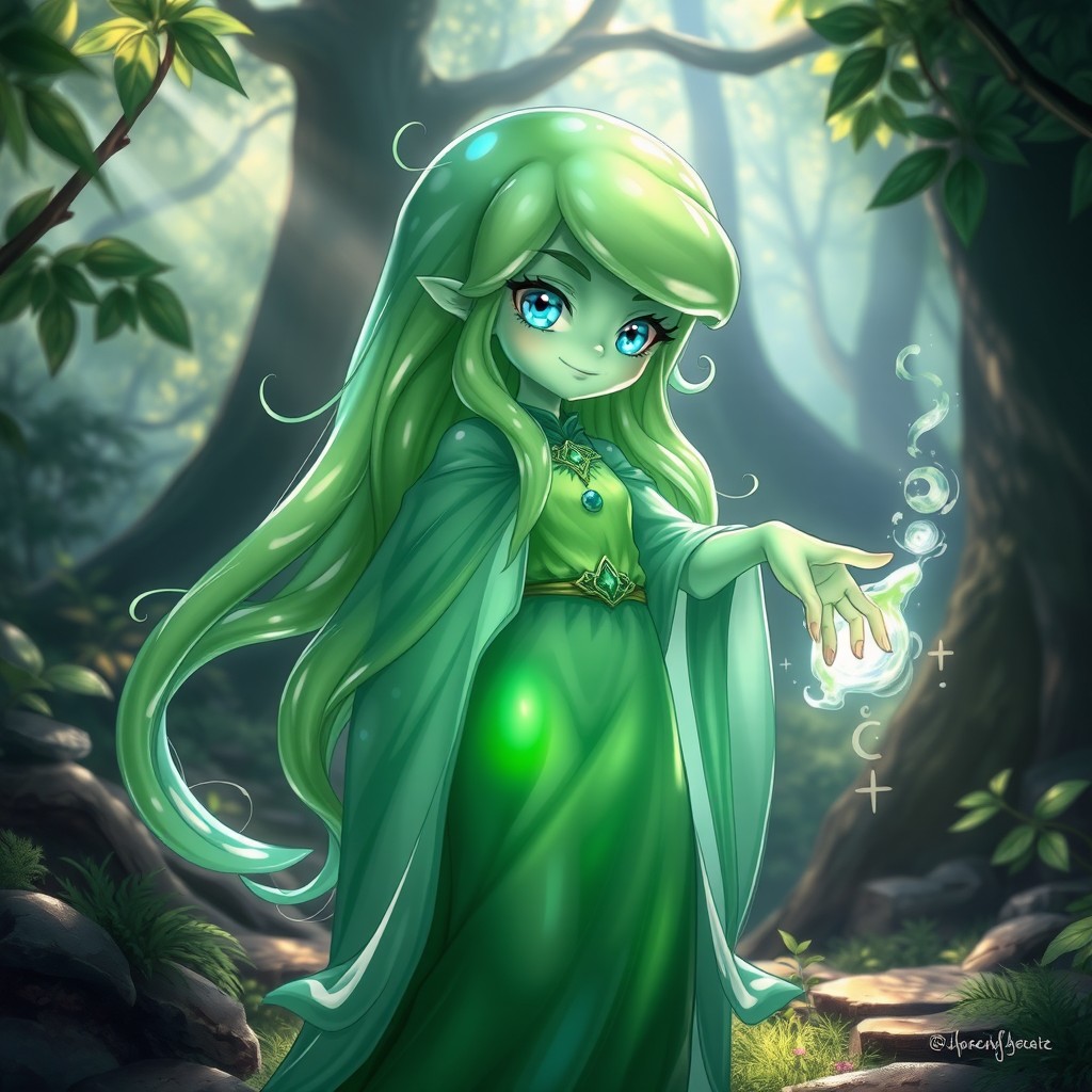 A translucent slime girl dressed as a cleric, featuring flowing robes that shimmer with a mystical glow