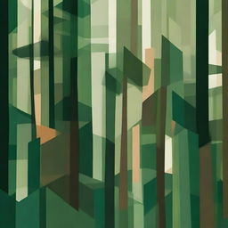 Abstract representation of a dense forest. Use a variety of geometric shapes and rich green and earthy tones to depict the layers and diversity of trees and vegetation.