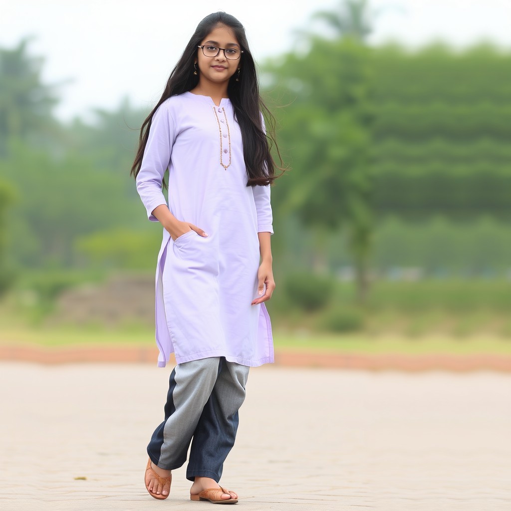 A girl with long, flowing hair wearing a light lavender kurti paired with ash white and black baggy jeans