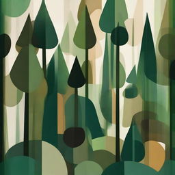 Abstract representation of a dense forest. Use a variety of geometric shapes and rich green and earthy tones to depict the layers and diversity of trees and vegetation.