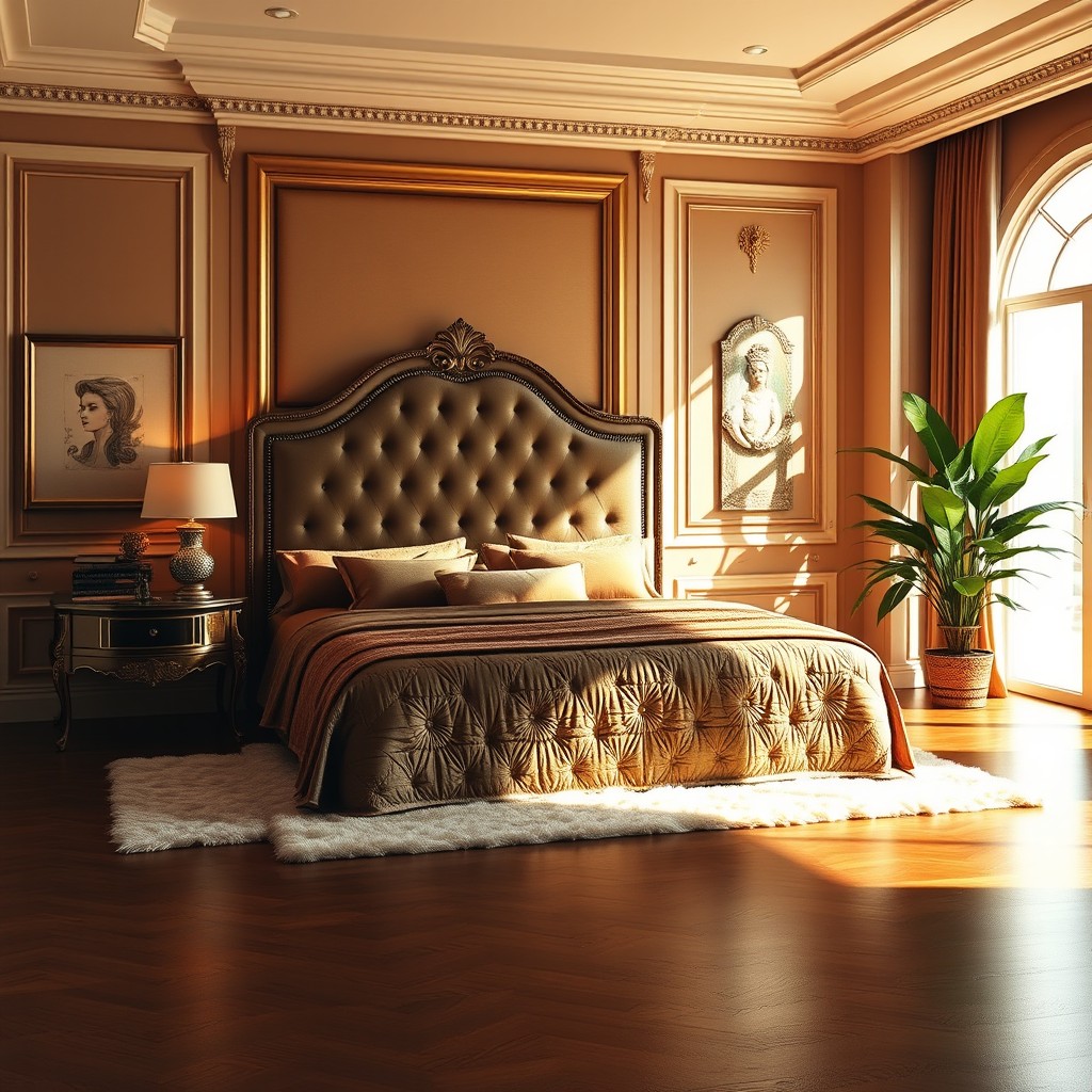 A luxurious bedroom with elegant furnishings, featuring a plush king-sized bed with richly textured bedding and an ornate headboard