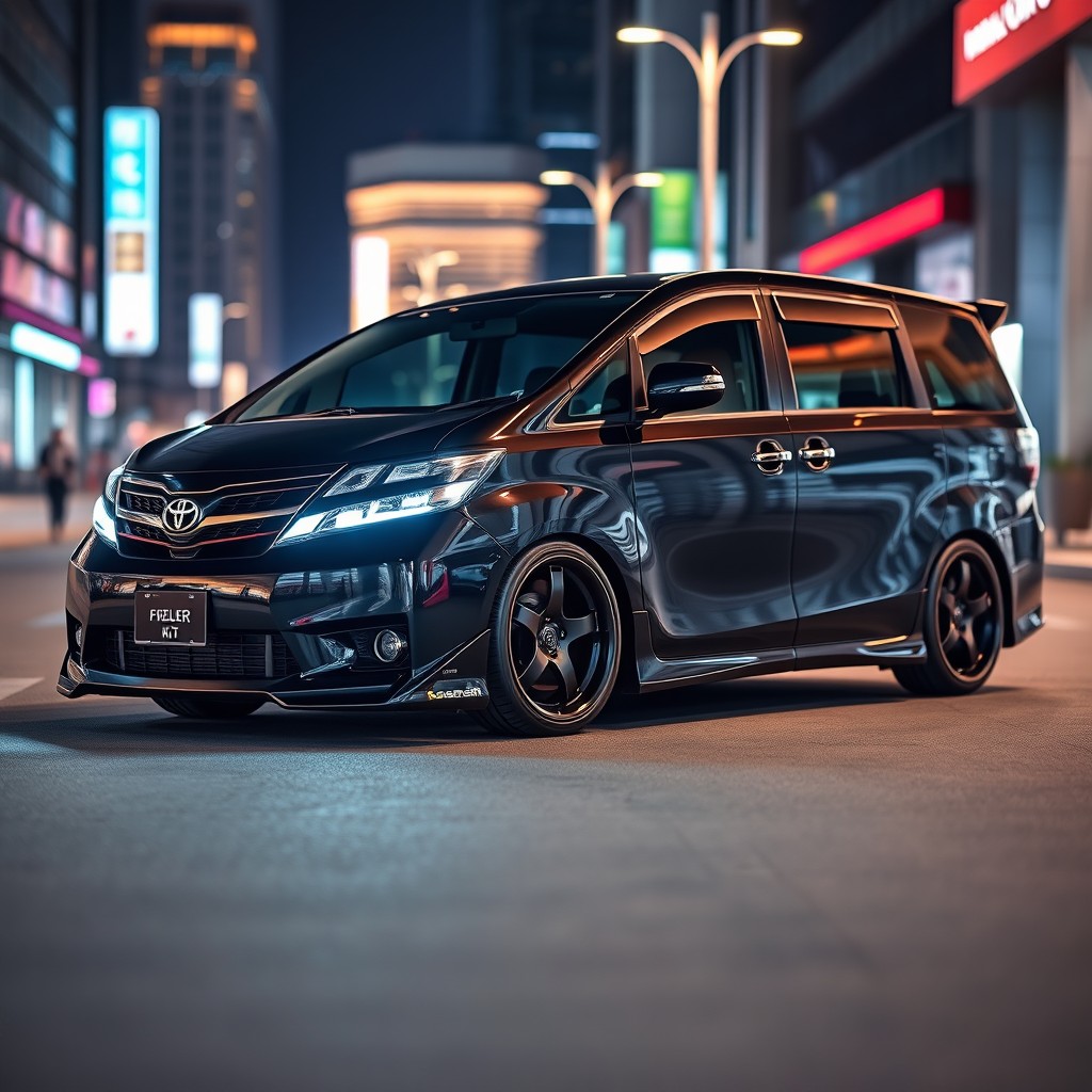 A sleek and stylish 2007 Toyota Fielder in a glossy black color, customized with bold aftermarket rims, tinted windows, and a sporty body kit