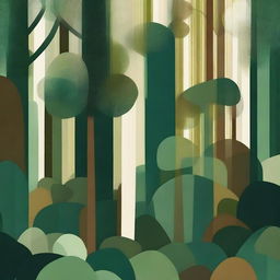 Abstract representation of a dense forest. Use a variety of geometric shapes and rich green and earthy tones to depict the layers and diversity of trees and vegetation.