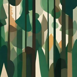 Abstract representation of a dense forest. Use a variety of geometric shapes and rich green and earthy tones to depict the layers and diversity of trees and vegetation.