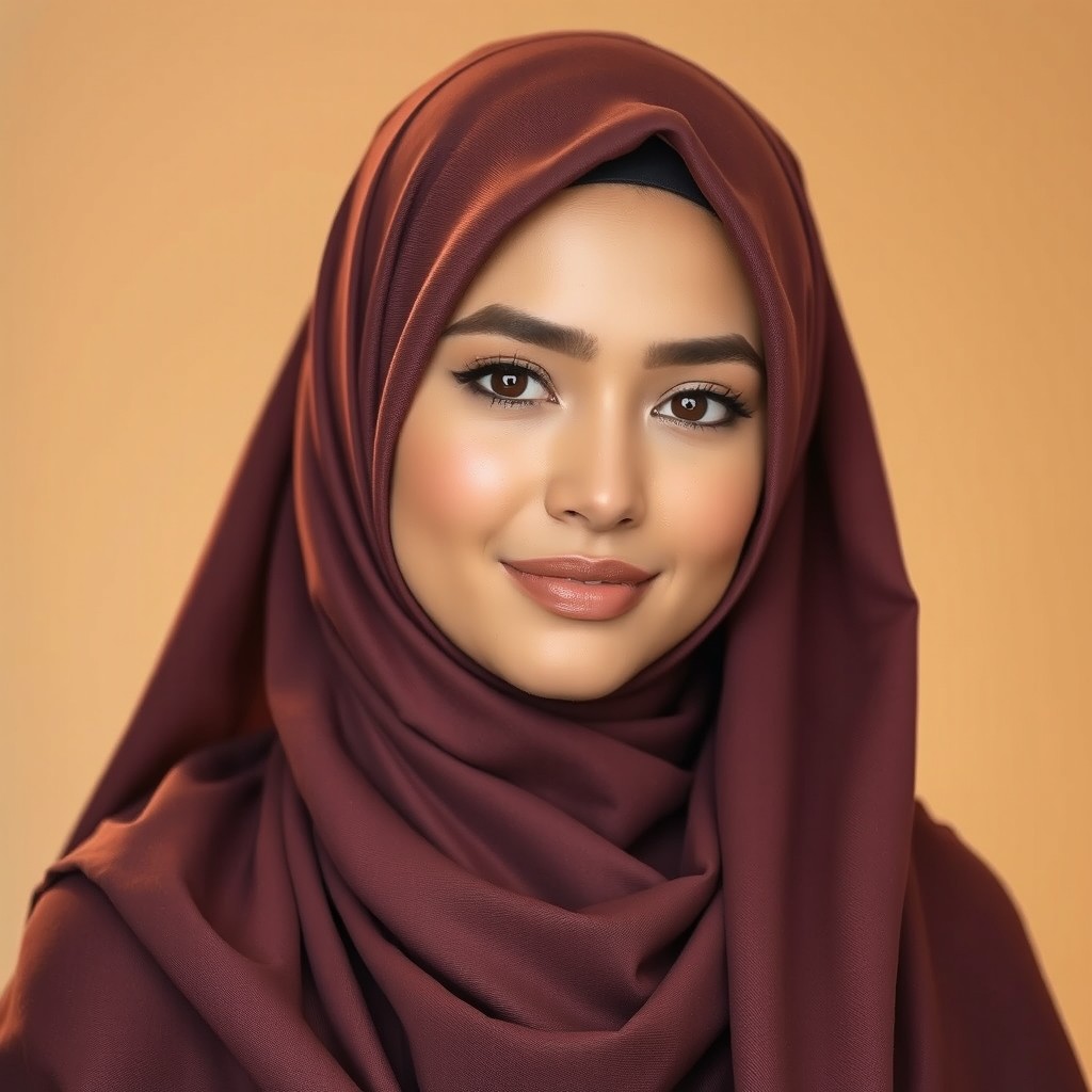 A beautiful Muslim woman wearing a hijab, with her hair completely covered, showcasing her radiant features