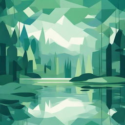 An abstract image of a lush forest surrounding a serene lake. Use geometric shapes and soothing palettes of green and blue to represent the dense trees and the calm water.