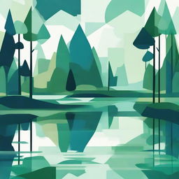 An abstract image of a lush forest surrounding a serene lake. Use geometric shapes and soothing palettes of green and blue to represent the dense trees and the calm water.