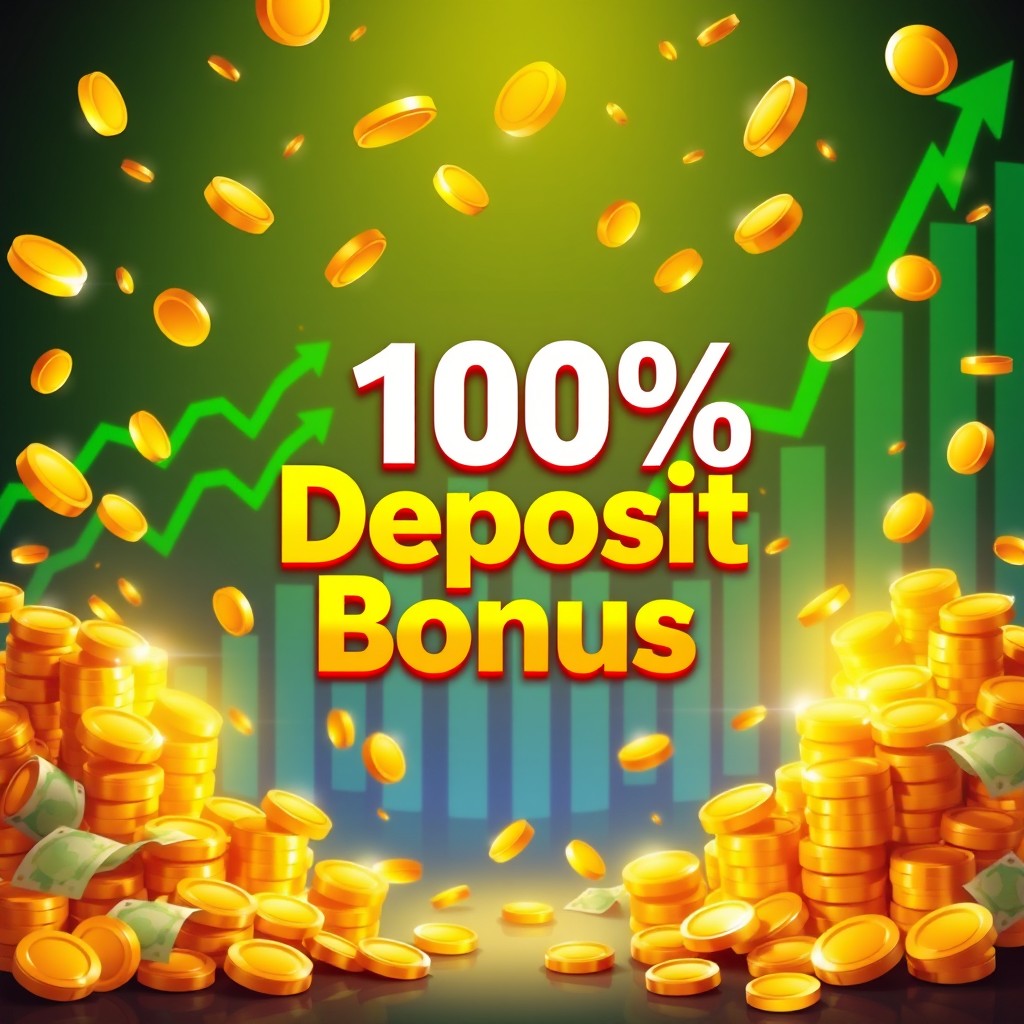 An artistic digital illustration promoting a 100% Deposit Bonus for a financial service