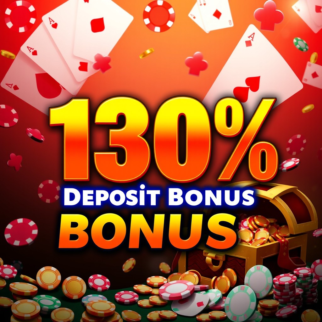 An eye-catching promotional banner for a casino or gambling site featuring a bold, vibrant design that highlights a '130% Deposit Bonus'