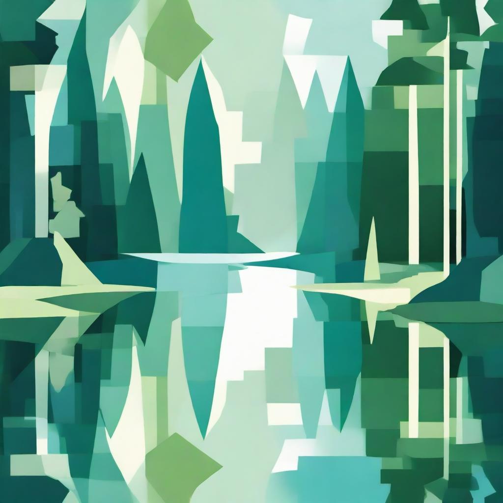 An abstract image of a lush forest surrounding a serene lake. Use geometric shapes and soothing palettes of green and blue to represent the dense trees and the calm water.