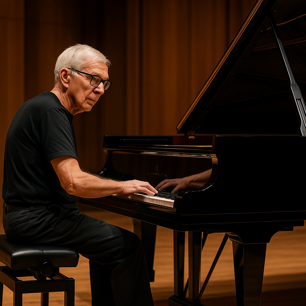 A scene in a concert theater where an older man is playing a grand piano, surrounded by elegant decor and soft spotlighting
