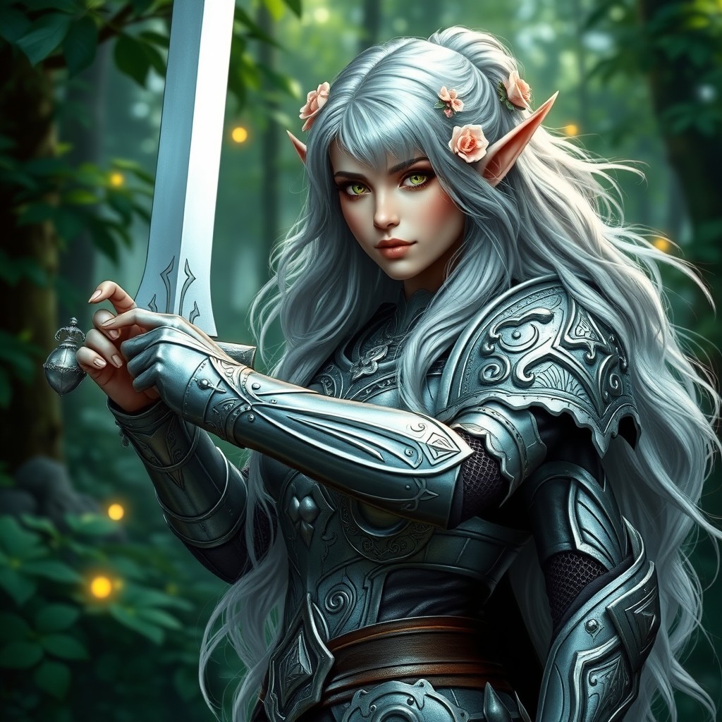 A stunning female elf knight standing proudly in a mystical forest