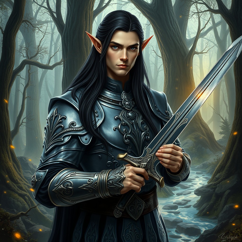 A striking male elf knight standing in an ancient, enchanted forest