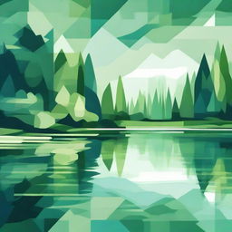 An abstract image of a lush forest surrounding a serene lake. Use geometric shapes and soothing palettes of green and blue to represent the dense trees and the calm water.