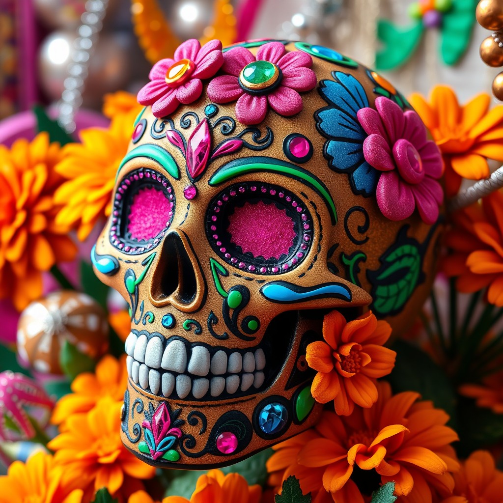 A vibrant and detailed calavera (sugar skull) design, featuring intricate patterns, colorful floral elements, and sparkling gemstones