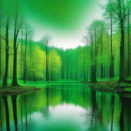 Surrealist forest scene with shades of vivid green and a calm lake reflecting the unique distortions of the landscape