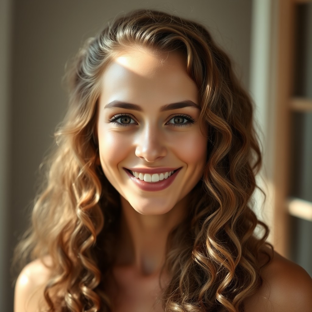 A portrait of a woman with long, flowing curly hair and fair skin
