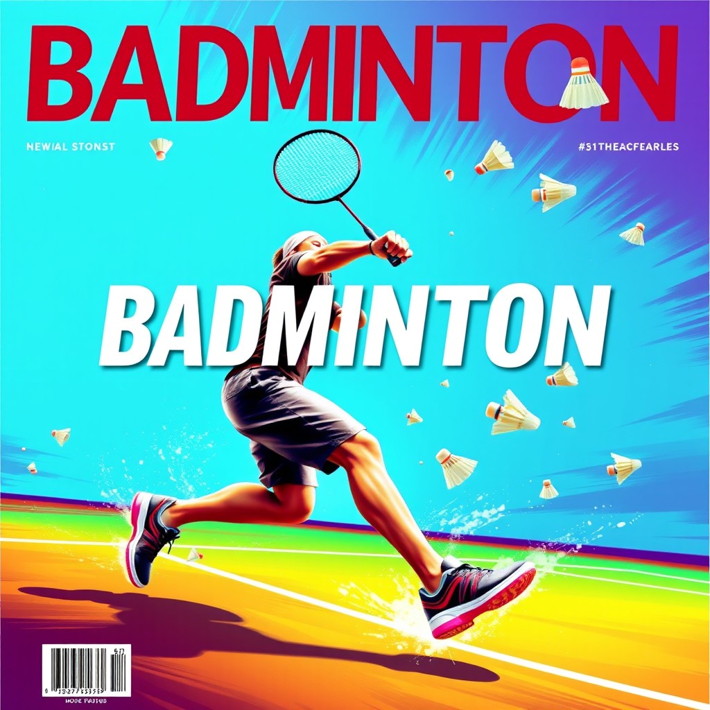 A dynamic badminton cover featuring the word 'BADMINTON' prominently displayed in bold, uppercase letters