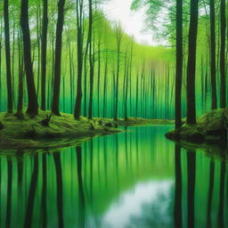 Surrealist forest scene with shades of vivid green and a calm lake reflecting the unique distortions of the landscape